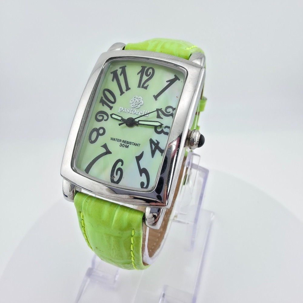 PASTORELLI Ladies Watch Mother Of Peal Dial Green Leather Strap Silver Tone 7.5"